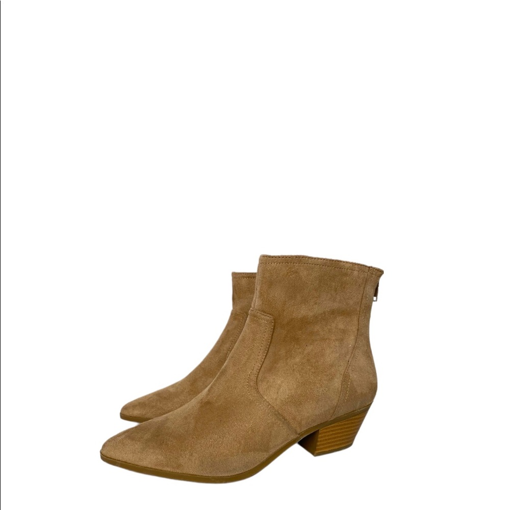 Banana Republic Sueded Camel Ankle Bootie Pointed Toe Stacked Heel Western Vegan